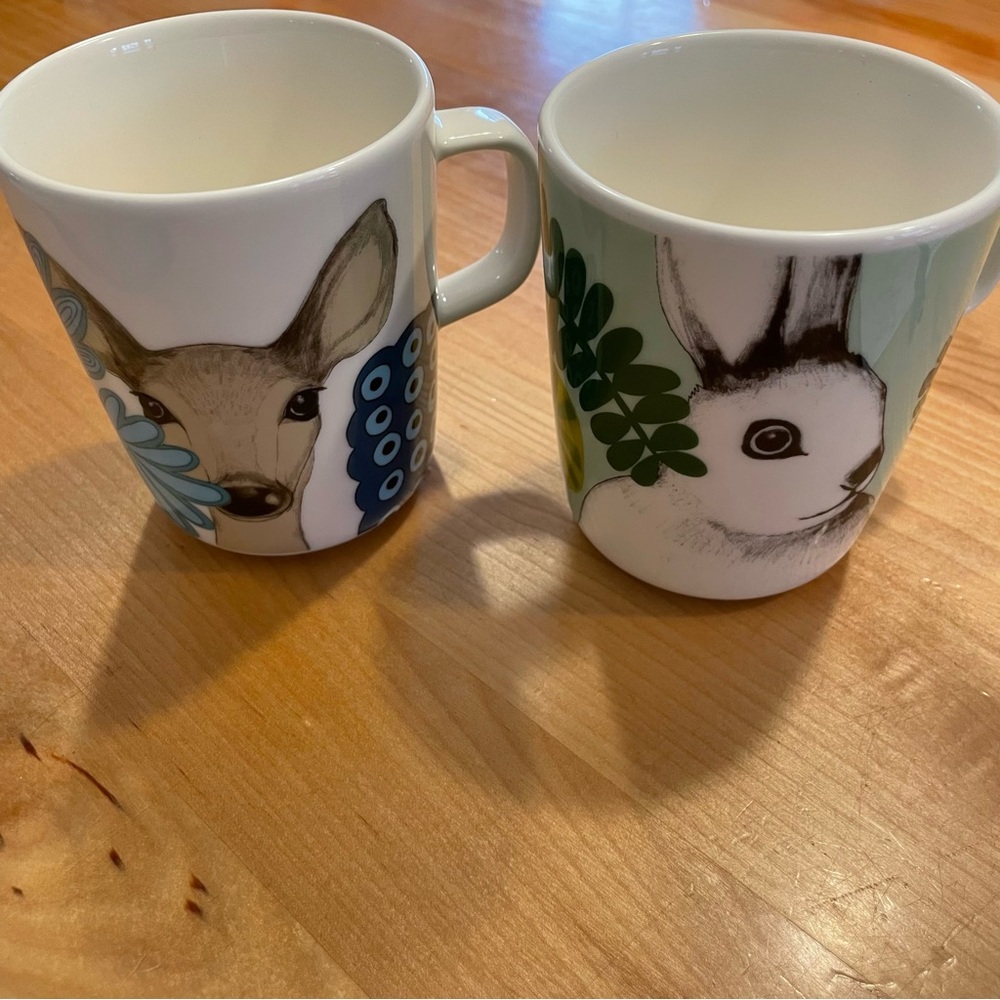 Marimekko White Ceramic Deer and Rabbit Mugs with Blue and Green Accents
